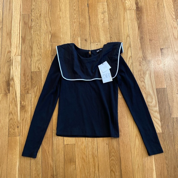 zara black top Ribbed Size Small Collard Long Sleeves Woman. - Picture 2 of 5